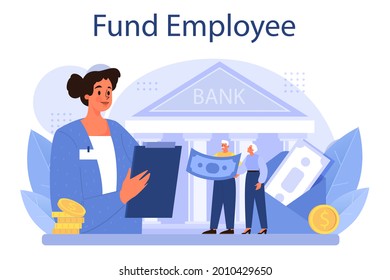 Pension fund employee. Specialist helps senior people to save money for retirement, financial independence idea. Economy and wealth, pension plan. Vector illustration in cartoon style