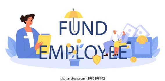 Pension fund employee typographic header. Specialist helps senior people to save money for retirement, financial independence. Economy and wealth, pension plan. Vector flat illustration