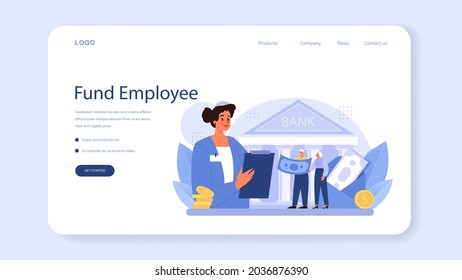 Pension fund employee web banner or landing page. Specialist helps senior people to save money for retirement, financial independence. Economy and wealth, pension plan. Vector flat illustration