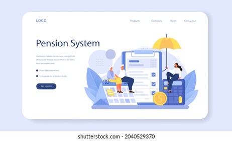 Pension fund employee web banner or landing page. Specialist helps senior people to save money for retirement, financial independence. Economy and wealth, pension plan. Vector flat illustration