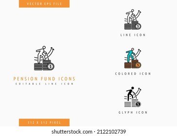 Pension Fund Icons Set Editable Stroke Vector Illustration. Retirement Growth Plan Symbol. Icon Line Style On Isolated Background For Ui Mobile App, Web Design, And Presentation.