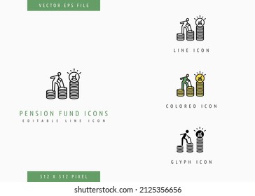 Pension Fund Icons Set Editable Stroke Vector Illustration. Retirement Growth Plan Symbol. Icon Line Style On Isolated Background For Ui Mobile App, Web Design, And Presentation.