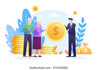 Pension Fund Illustration with Agent giving Coins and Money Bag to Elderly as a Concept. This illustration can be use for website, landing page, web, app, and banner.