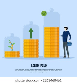 Pension fund, income growth, capital allocation, savings, long term investment, earn more, income increase, businessman standing with pile of coins, financial success, flat vector illustration