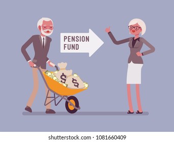 Pension fund investment. Old man pushing money cart, financial system for senior citizen to get help from government, guaranteed support and social security. Vector flat style cartoon illustration