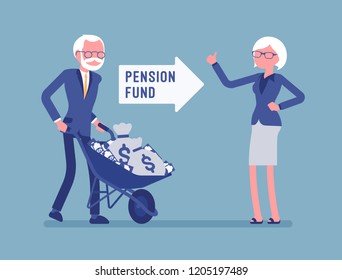 Pension Fund Investment. Old Man Pushing Money Cart, Financial System For Senior Citizen To Get Help From Government, Guaranteed Support And Social Security. Vector Illustration, Faceless Characters