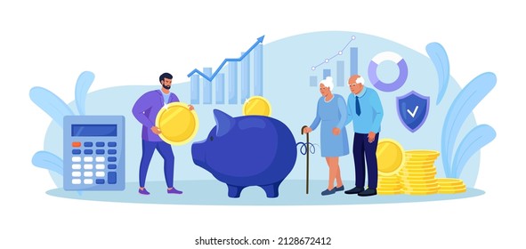 Pension Fund. Long-term Capital Investment. Elderly Husband and Wife are Standing Near Big Piggy Bank and Stack of Money. Pensioners Invest Money. Pension Savings, Insurance and Funded Pension