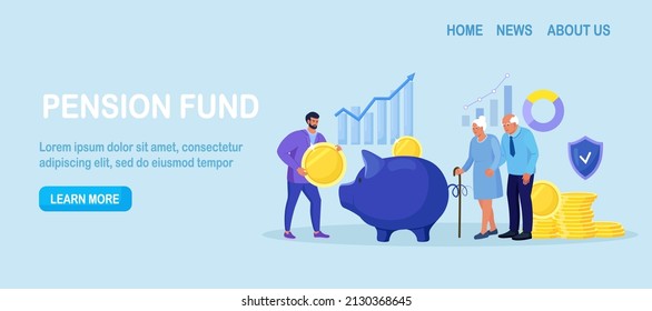 Pension Fund. Long-term Capital Investment. Elderly Husband and Wife are Standing Near Big Piggy Bank and Stack of Money. Pensioners Invest Money. Pension Savings, Insurance and Funded Pension