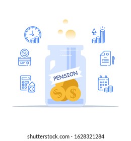 Pension fund management, savings account, superannuation payment, retirement plan, future income, investment strategy, interest rate calculating, financial insurance, vector linear icon set