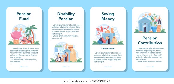 Pension fund mobile application banner set. Saving money for retirement, financial independence idea. Economy and wealth, pension plan. Vector illustration in cartoon style