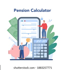 Pension fund online service or platform. Saving money for retirement, financial independence idea. Economy and wealth, pension plan. Online pension calculator. Vector illustration in cartoon style