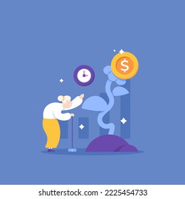 pension fund. pension plans and pension insurance. money for old age. a grandmother wants to harvest money from the results of the investment for old age expenses. return on investment. illustration