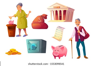 Pension fund, saving money cartoon icons vector illustration. Senior characters with their savings, pink piggy bank icon, bank building, safe deposit, bag and golden coins pile isolated on white