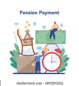 Pension fund. Saving money for retirement, financial independence idea. Economy and wealth, pension plan. Vector illustration in cartoon style