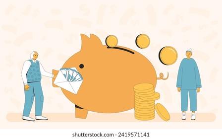 Pension fund saving plan. Senior couple with money. Retirement finance preparation for elderly people. Piggybank for family. Older adult with investment. Vector flat illustration.