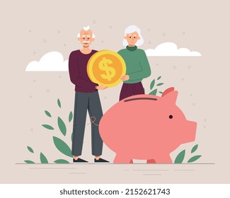 Pension fund savings. Elderly couple puts coins in piggy bank. Family budget and financial literacy, grandparents with dollar in hands. Senior characters retirement. Cartoon flat vector illustration