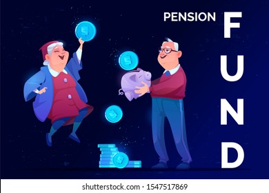 Pension fund savings. Elderly man with money piggy bank and old woman holding huge coin in hand rejoice to get superannuation. Senior grandparents retirement future safety Cartoon vector illustration