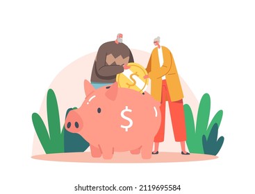 Pension Fund Savings, Elderly Man and Woman Characters Put Coin to Piggy Bank Rejoice to Get Superannuation. Senior Grandparents Retirement, Money Fund Safety. Cartoon People Vector Illustration
