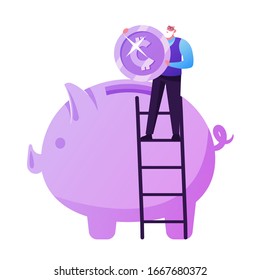 Pension Fund Savings, Insurance. Tiny Elderly Man Stand on Ladder Put Huge Coin to Piggy Bank Rejoice to Get Superannuation. Senior Grandparent Retirement, Money Safety. Cartoon Vector Illustration