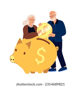 Pension Fund Savings,Happy Couple Elderly Man, Woman Characters Put Coin to Piggy Bank Rejoice to Get Superannuation.Senior Grandparents Retirement,Money Fund Safety.Cartoon People Vector Illustration