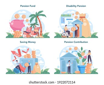 Pension fund set. Saving money for retirement, financial independence idea. Economy and wealth, pension plan. Vector illustration in cartoon style