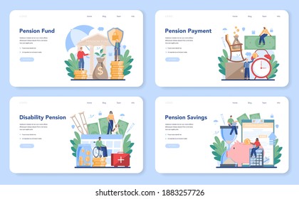 Pension fund web banner or landing page set. Saving money for retirement, financial independence idea. Economy and wealth, pension plan. Vector illustration in cartoon style