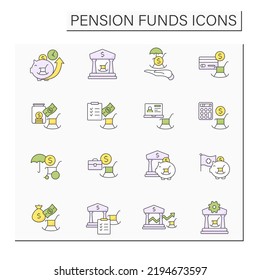 Pension funds color icons set. Payments plan. Accumulation money for better retirements. Economy concept. Isolated vector illustrations