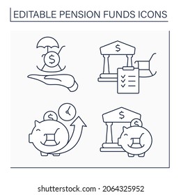 Pension funds line icons set. Accumulation money over time, investment, private pension, claim. Economy concept. Isolated vector illustrations. Editable stroke