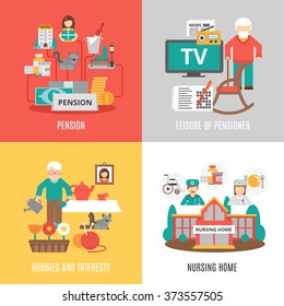 Pension hobbies and interests leisure of pensioner and nursing home 2x2 images set flat vector illustration