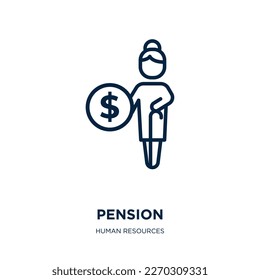 pension icon from human resources collection. Thin linear pension, people, family outline icon isolated on white background. Line vector pension sign, symbol for web and mobile