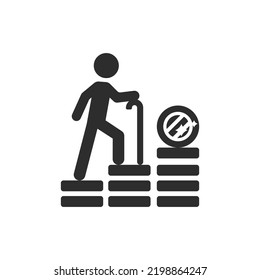 Pension icon. old man is standing on coins. Monochrome black and white symbol