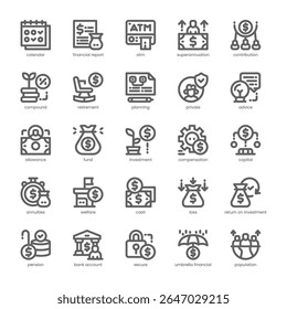 Paquete de iconos de pensión para su Sitio web, móvil, presentación y diseño de logotipo. Diseño de esquema de icono de pensión. Ilustración gráfica de Vector y trazo editable.