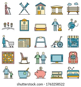 Pension icon set. Outline set of pension vector icons thin line color flat isolated on white