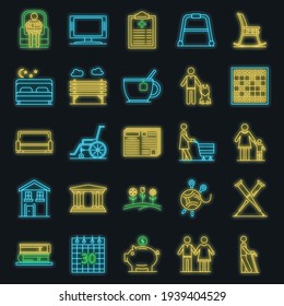 Juego de iconos de la pensión. Conjunto de esquema de iconos vectoriales de pensiones color de neón en negro
