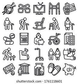 Pension icons set. Outline set of pension vector icons for web design isolated on white background