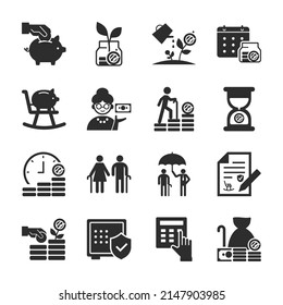 pension icons set. Retirement savings. Investments. Dividends. payment in old age. Monochrome black and white icon.