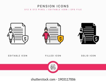 Pension icons set vector illustration with solid icon line style. Retirement fund plan concept. Editable stroke icon on isolated white background for web design, user interface, and mobile application