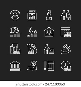 Pension icons, white on black background. Savings security, comfortable life guarantees. Bank deposits, funds, financial independence. Customizable line thickness