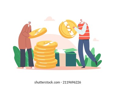 Pension Income, Profit, Family Budget, Retirement Concept. Senior Couple Male and Female Characters Collect Money, Getting Profit, Put Coins and Banknotes in Pile. Cartoon People Vector Illustration