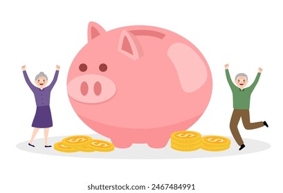 Pension income, profit, family budget, retirement concept. Senior couple male and female characters collect money in piggy bank. Wealth retirement.