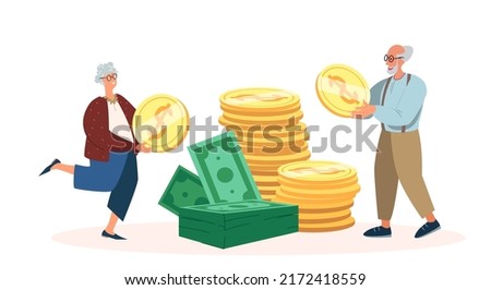 Pension Income, Profit, Family Budget, Retirement Concept. Senior Couple Male and Female Characters Collect Money, Getting Profit, Put Coins and Banknotes in Pile. Cartoon People Vector Illustration