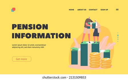 Pension Information Landing Page Template. Happy Senior Male Female Characters Holding Currency Pile Stand On Golden Coins Stack. Concept Of Wealthy Retirement. Cartoon People Vector Illustration