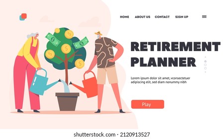 Pension Insurance, Passive Income Landing Page Template. Senior Man and Woman Watering Money Tree with Golden Coins and Banknotes. Pensioner Characters Grow Capital. Cartoon People Vector Illustration