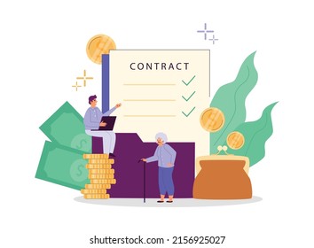 Pension insurance, social support, vector flat illustration on a white background. The client receives social security. Pension insurance for human well-being