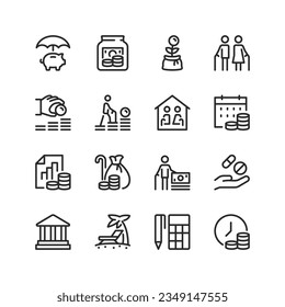 Pension, linear icons set. Savings, security of pension savings and guarantee of a comfortable life. Bank deposit, pension fund, free medicines and financial independence. Editable stroke width