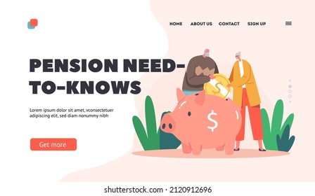Pension Need-to-knows Landing Page Template. Fund Savings, Elderly Characters Put Coin to Piggy Bank Rejoice to Get Superannuation. Senior Grandparents Retirement. Cartoon People Vector Illustration