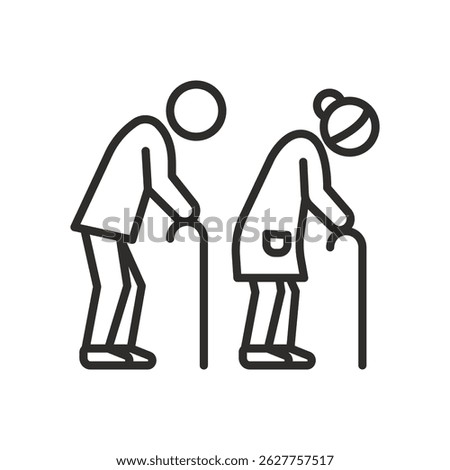 pension old people icon, elderly persons, old man and woman, grandparents, thin line vector illustration