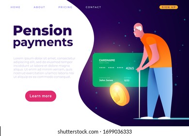 pension payments on plastic debit card. banking card for elderly people. grandfather with debit card and 3d coin.