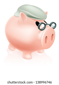 Pension pig money box concept of a a savings piggy bank money box dressed in senior's hat and specs.