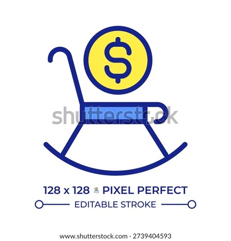 Pension pixel perfect line color icon. Regular long term payment at retirement. Coin on rocking chair. Fund for elderly. Isolated vector illustration. Flat colorful symbol design. Editable stroke